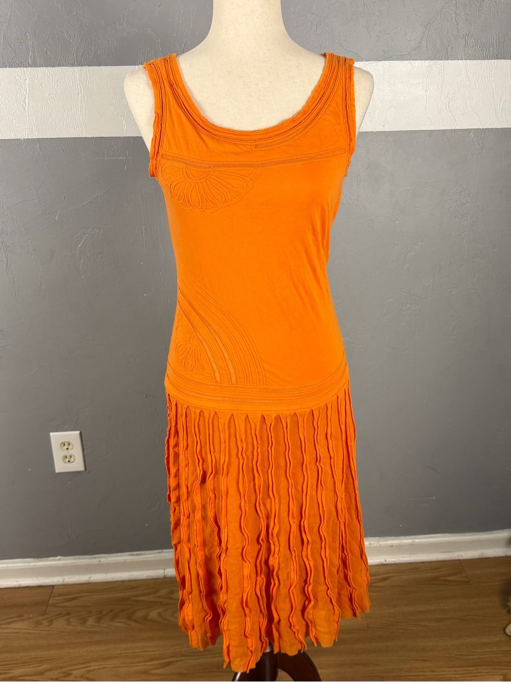 Max Studio Orange Sleeveless Midi Skirt with Pleated Fringe Hem